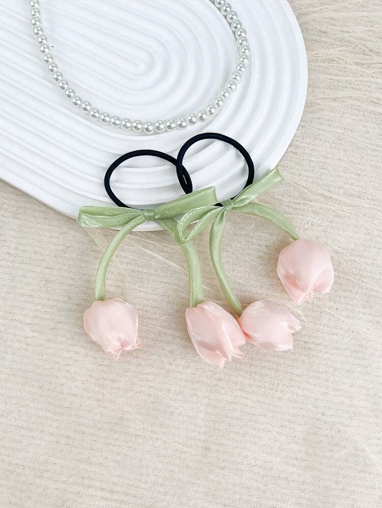 Tulip Flower Scrunchies Set, 2pcs High-End Elastic Hair Ties For Women