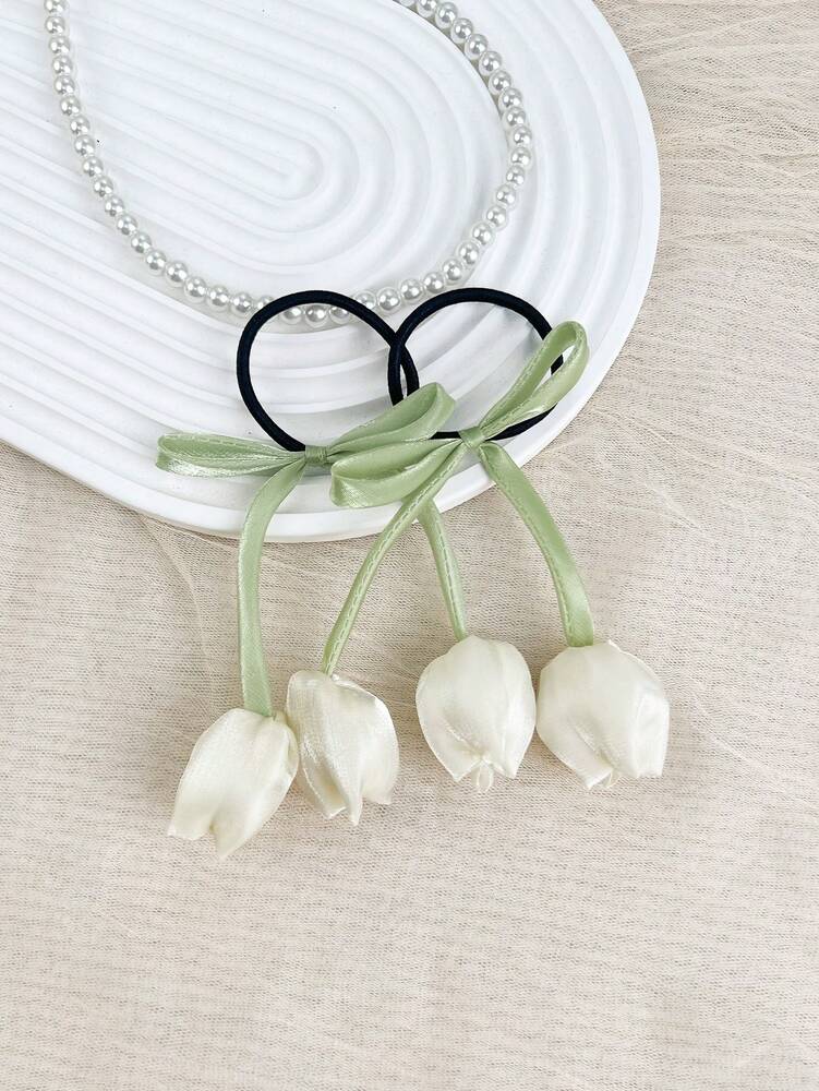 Tulip Flower Scrunchies Set, 2pcs High-End Elastic Hair Ties For Women