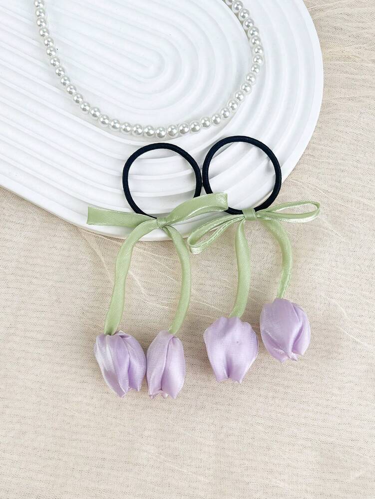 Tulip Flower Scrunchies Set, 2pcs High-End Elastic Hair Ties For Women