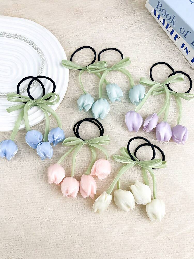 Tulip Flower Scrunchies Set, 2pcs High-End Elastic Hair Ties For Women