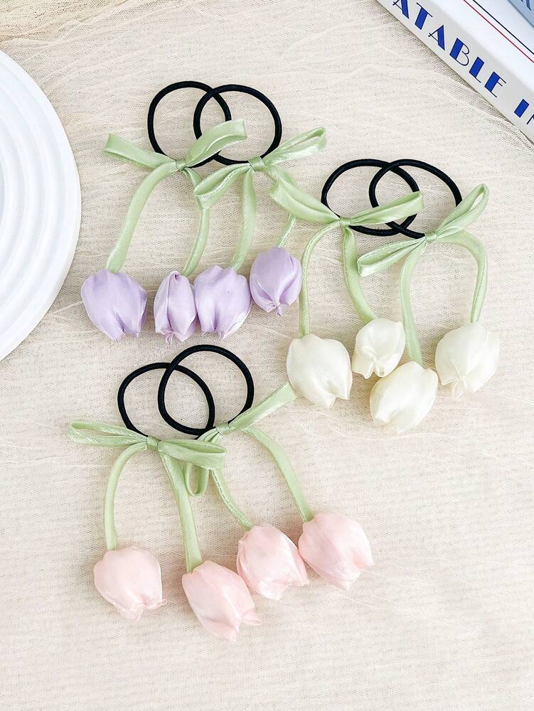Tulip Flower Scrunchies Set, 2pcs High-End Elastic Hair Ties For Women