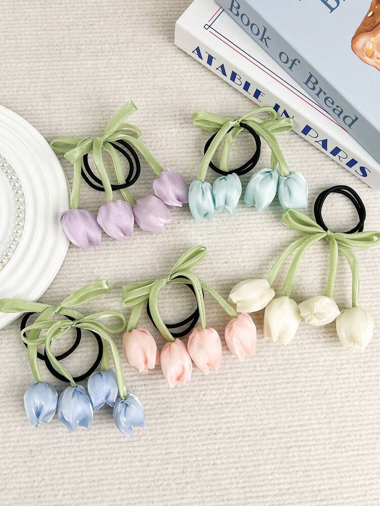Tulip Flower Scrunchies Set, 2pcs High-End Elastic Hair Ties For Women
