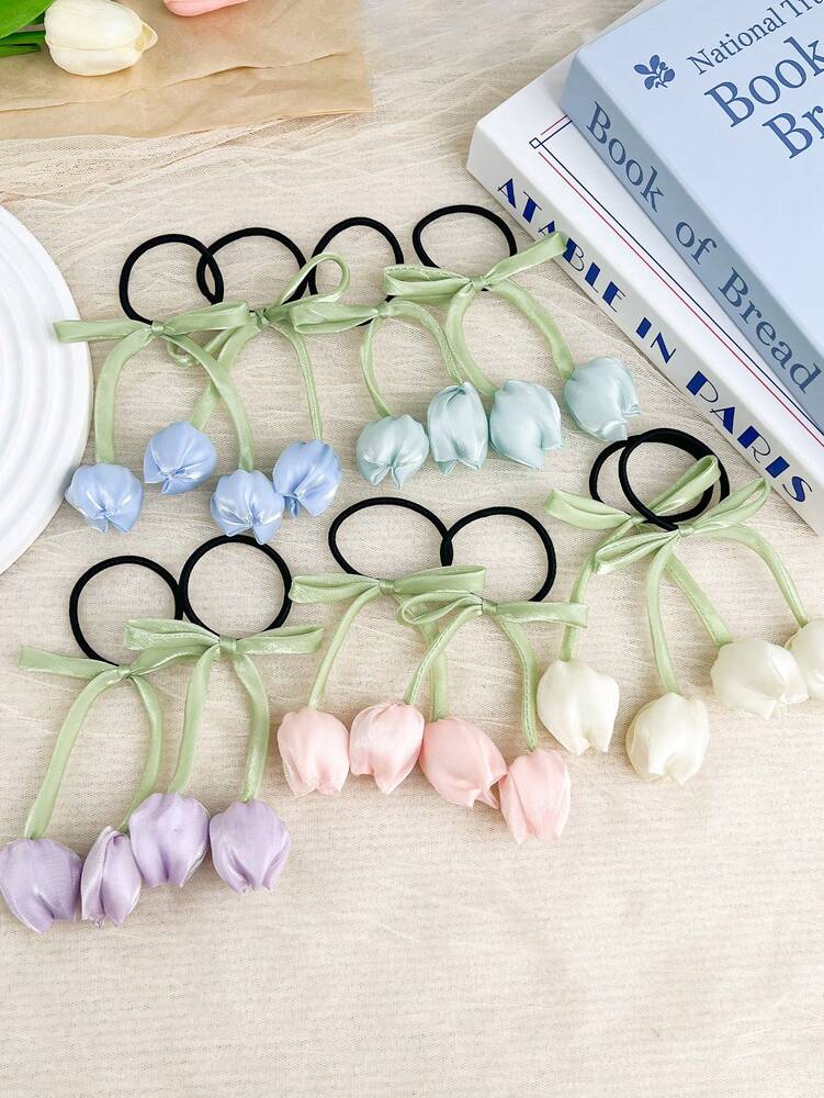 Tulip Flower Scrunchies Set, 2pcs High-End Elastic Hair Ties For Women